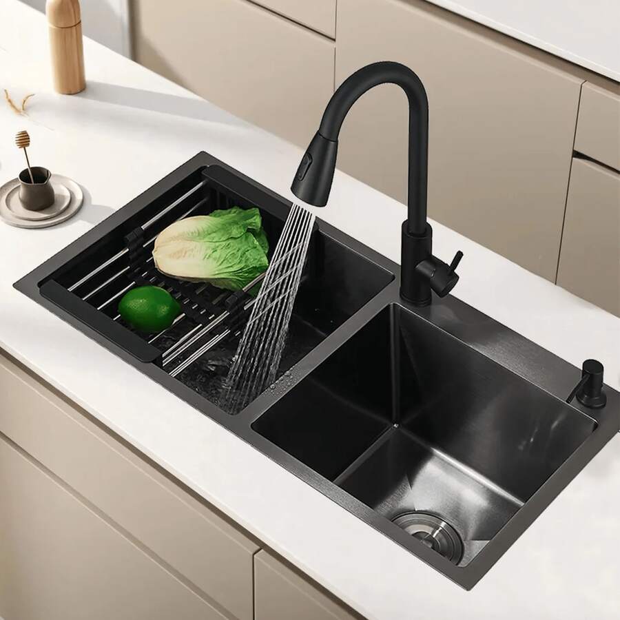 Fregadero De Doble Tanque Cocina Cepillado Nickel 80x45cm Plateado Níquel Cepillado Tarjas Para Cocina de Doble Tazón con Grifo Extraíble y Dispensador