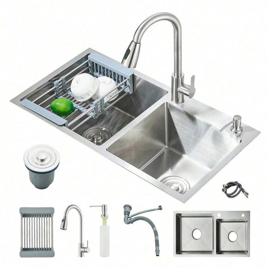 Fregadero De Doble Tanque Cocina Cepillado Nickel 80x45cm