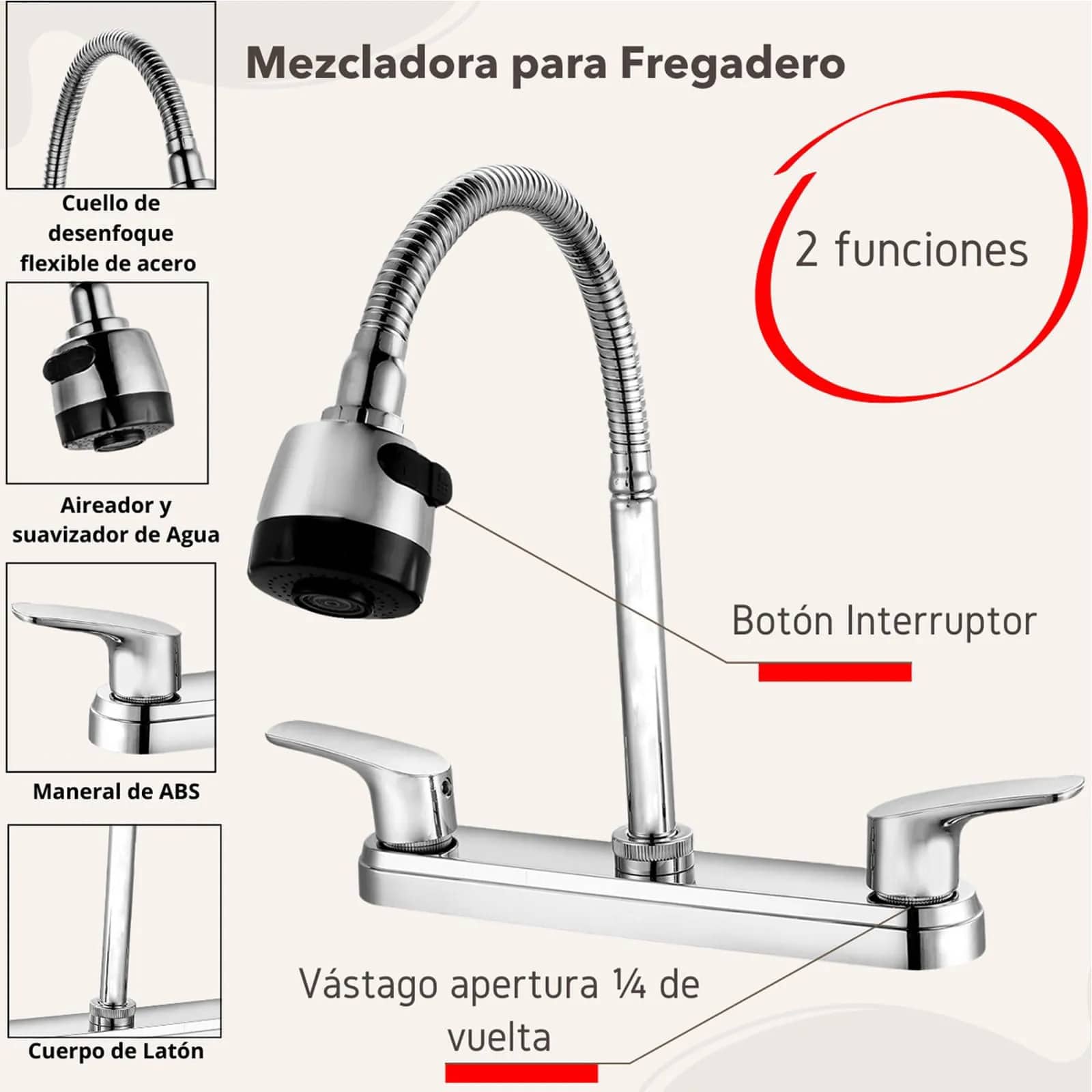 grifo de cocina de doble manija con caño flexible