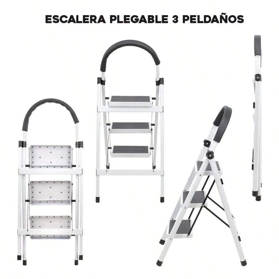 Escalera de Acero Tijera Tubular 3 Peldaños Plegable y Portátil