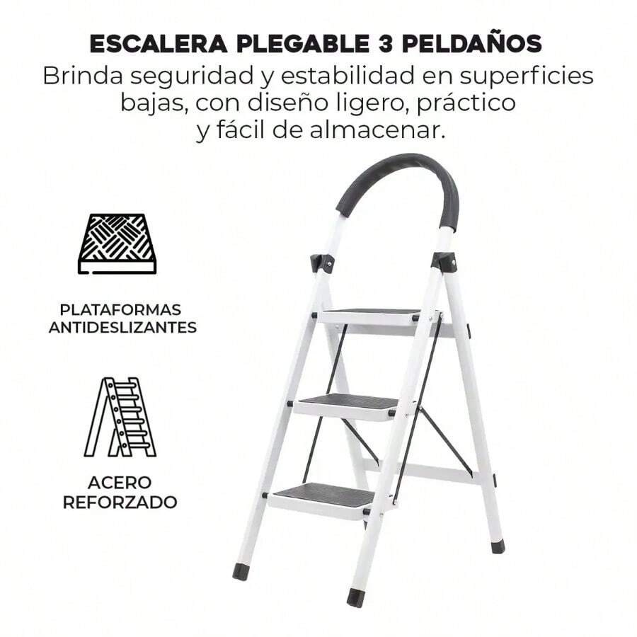 Escalera de Acero Tijera Tubular 3 Peldaños Plegable y Portátil