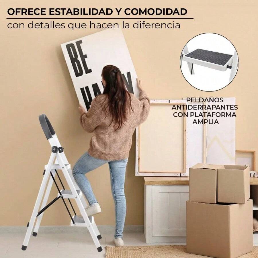 Escalera de Acero Tijera Tubular 3 Peldaños Plegable y Portátil