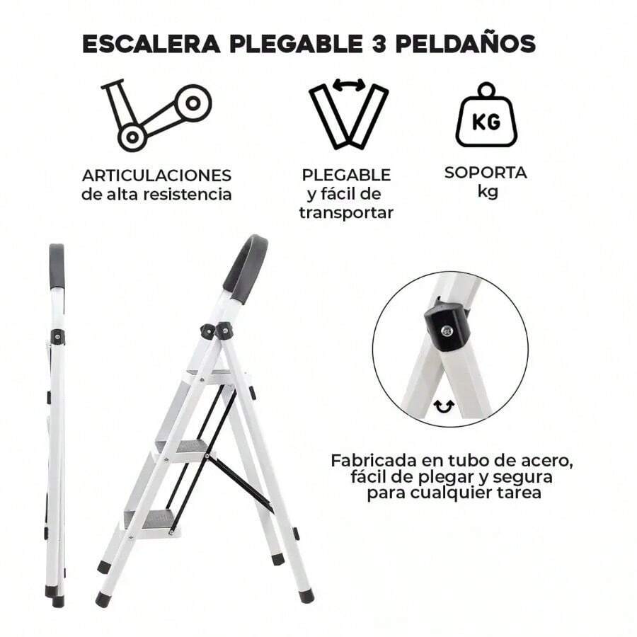 Escalera de Acero Tijera Tubular 3 Peldaños Plegable y Portátil