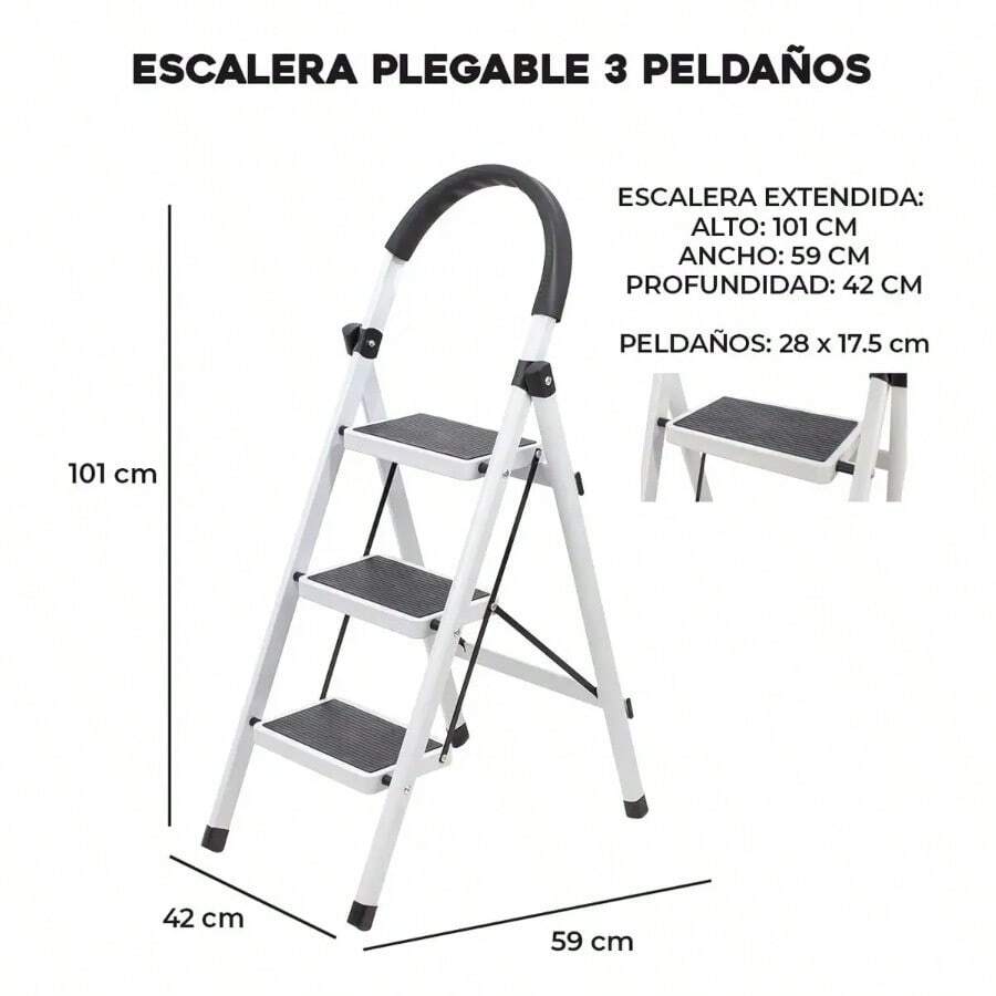 Escalera de Acero Tijera Tubular 3 Peldaños Plegable y Portátil