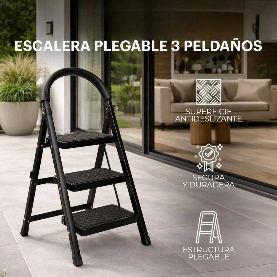 Escalera de Acero Tijera Tubular 3 Peldaños Plegable y Portátil