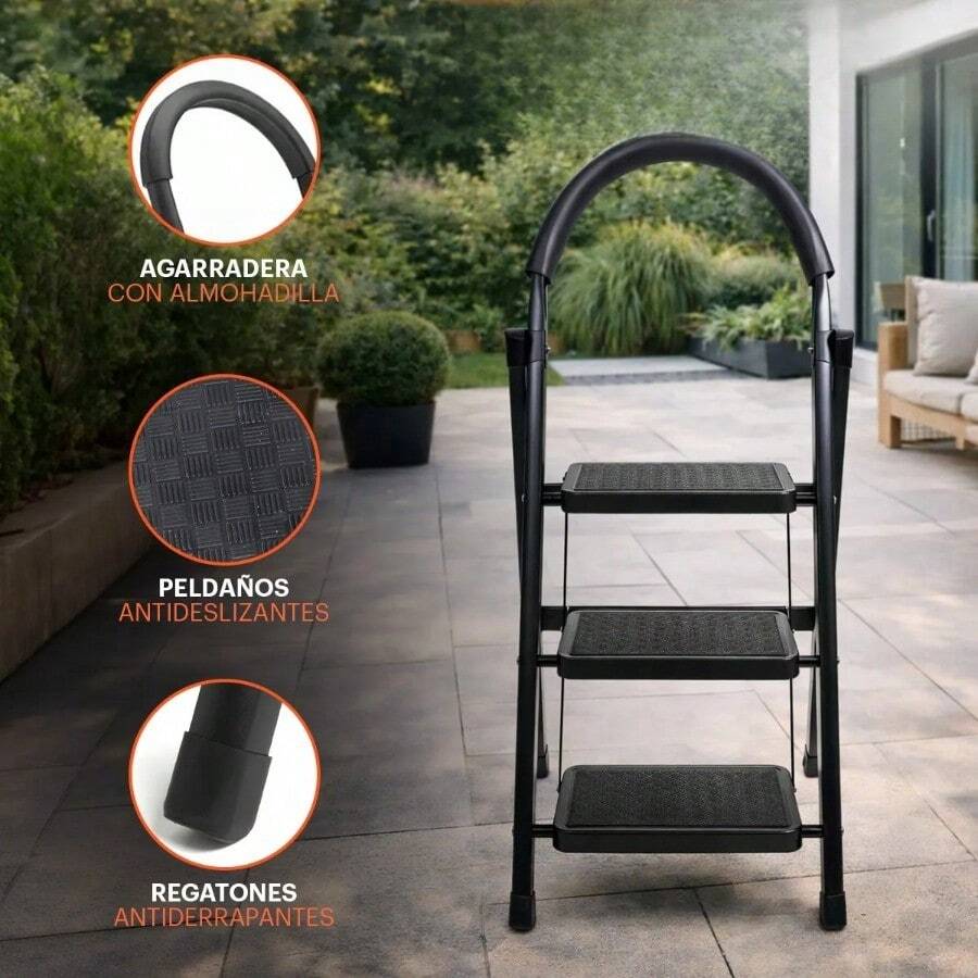 Escalera de Acero Tijera Tubular 3 Peldaños Plegable y Portátil