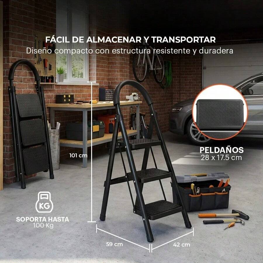 Escalera de Acero Tijera Tubular 3 Peldaños Plegable y Portátil