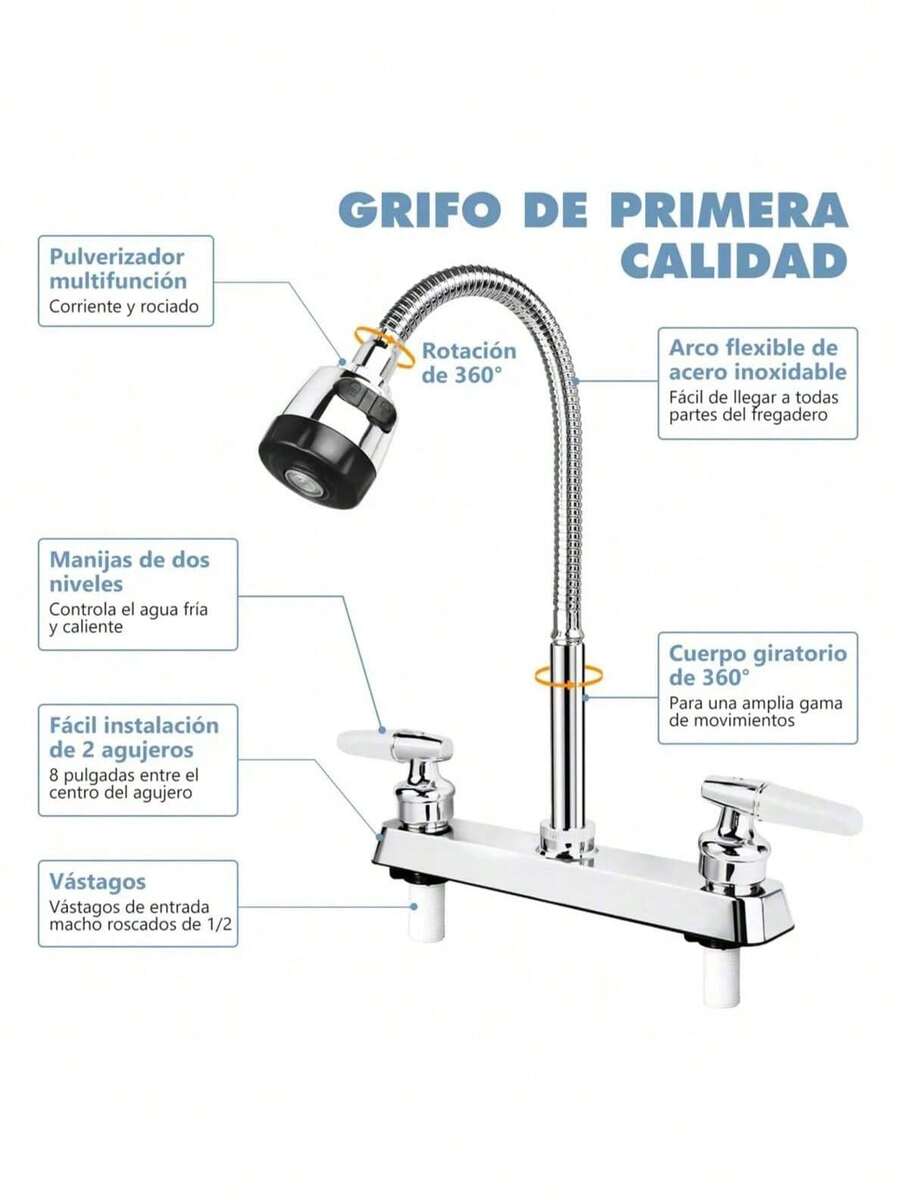 grifo de cocina de doble manija con caño flexible en forma de cuello de cisne