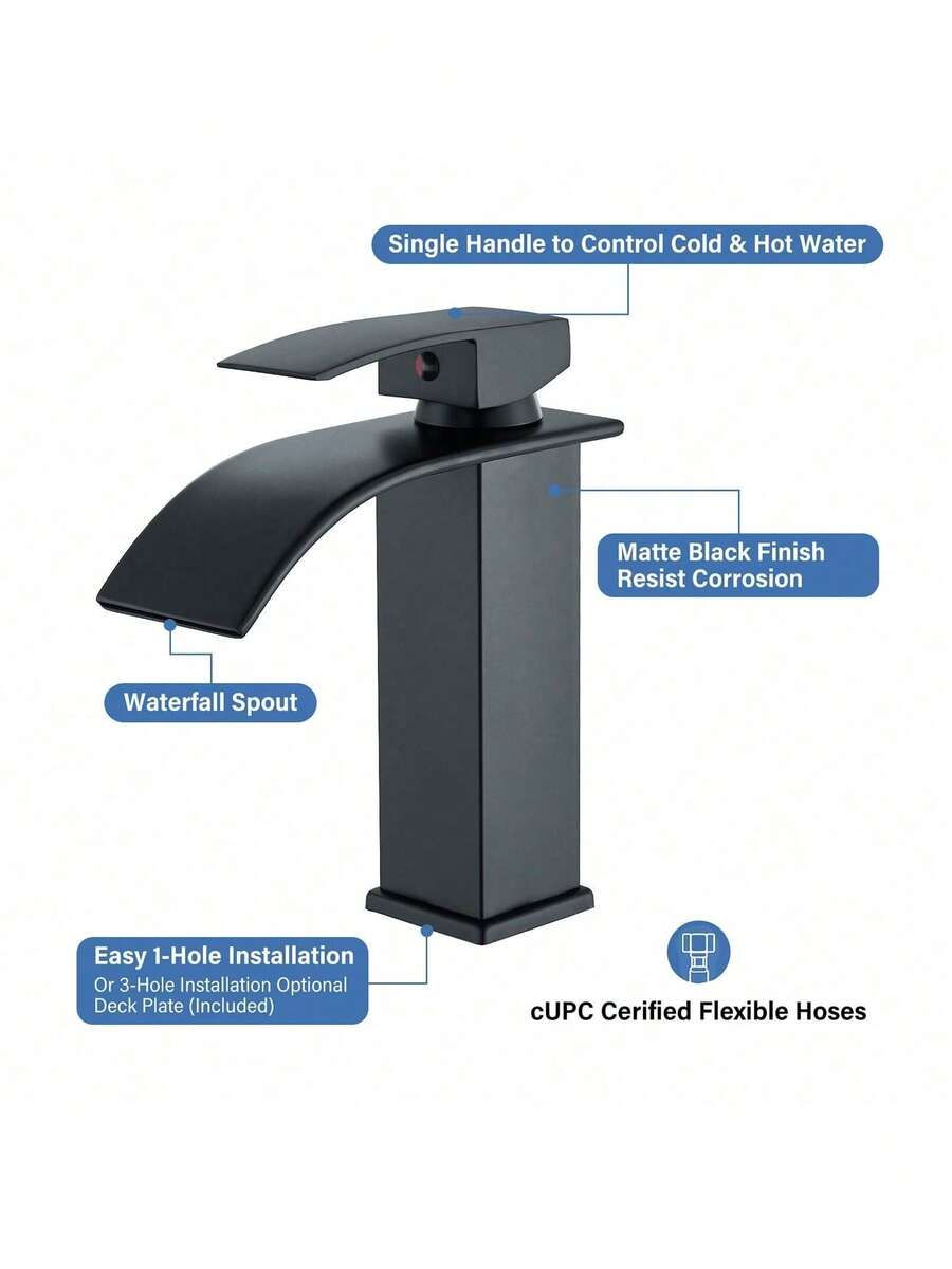 Grifo para lavabo Dorado moderno alto tipo cascada con 2 mangueras