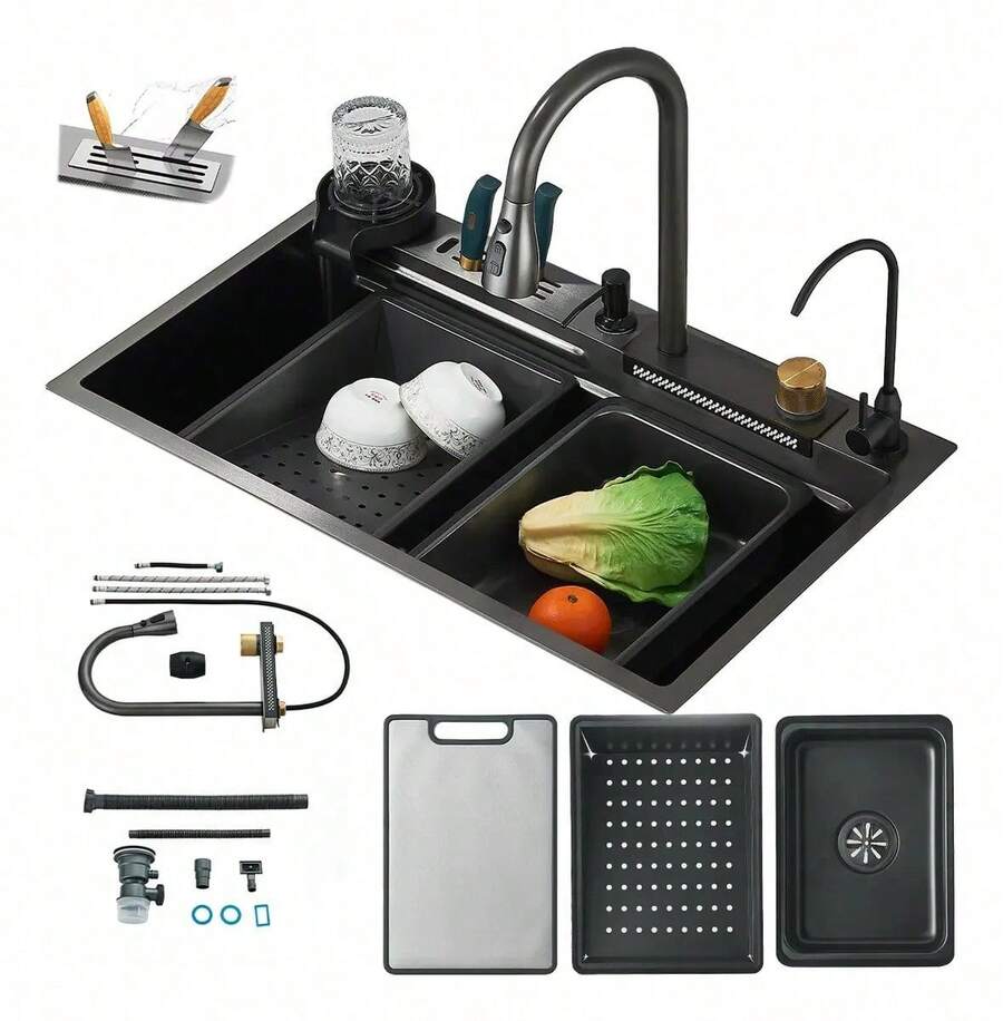 Fregadero de cocina de acero inoxidable con soporte para cuchillos, colador, dispensador de jabón, grifo con filtro de agua, tabla de cortar y portavasos (80 * 46 cm)
