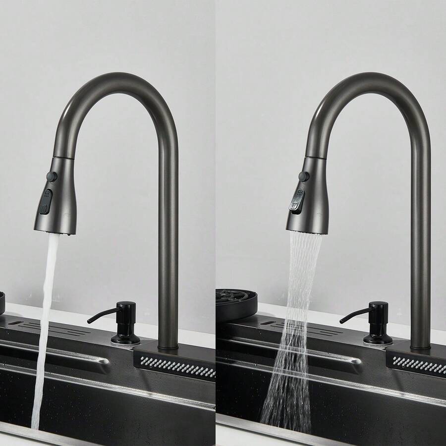 Fregadero de cocina de acero inoxidable con soporte para cuchillos, colador, dispensador de jabón, grifo con filtro de agua, tabla de cortar y portavasos (80 * 46 cm)