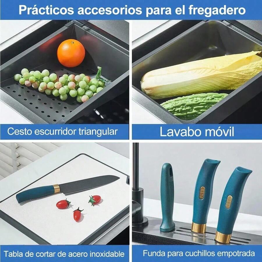 Fregadero de cocina de acero inoxidable con soporte para cuchillos, colador, dispensador de jabón, grifo con filtro de agua, tabla de cortar y portavasos (80 * 46 cm)