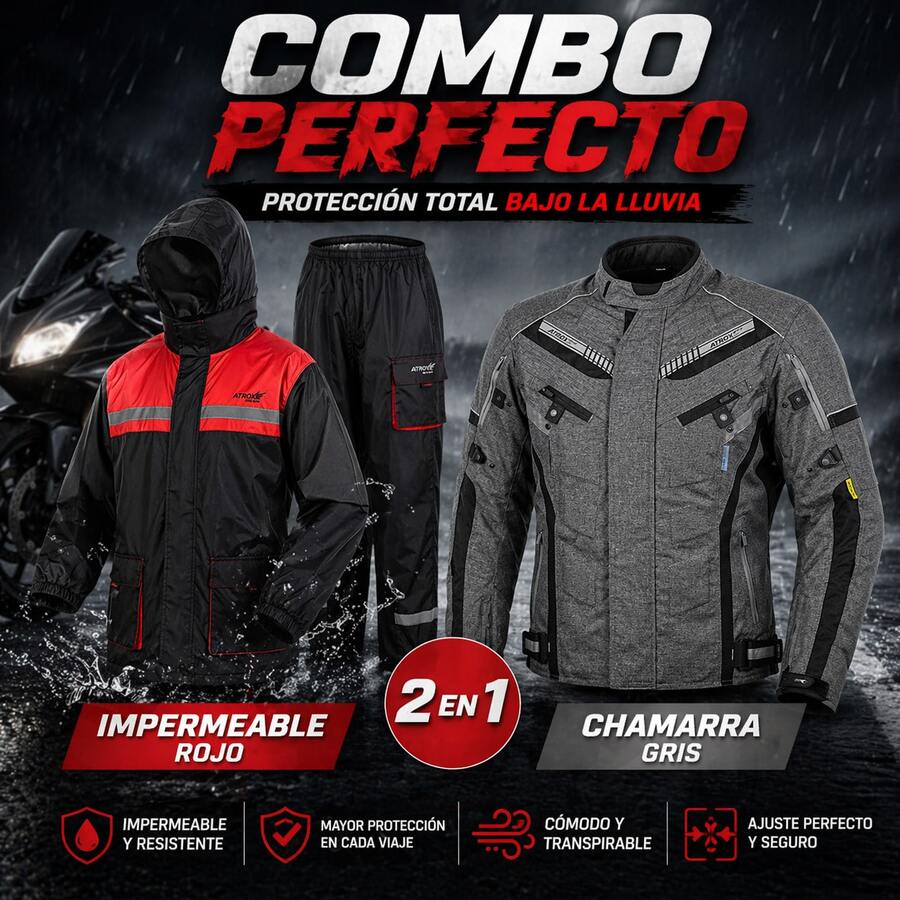 Kit Chamarra Gris + Impermeable Rojo, Motocicleta