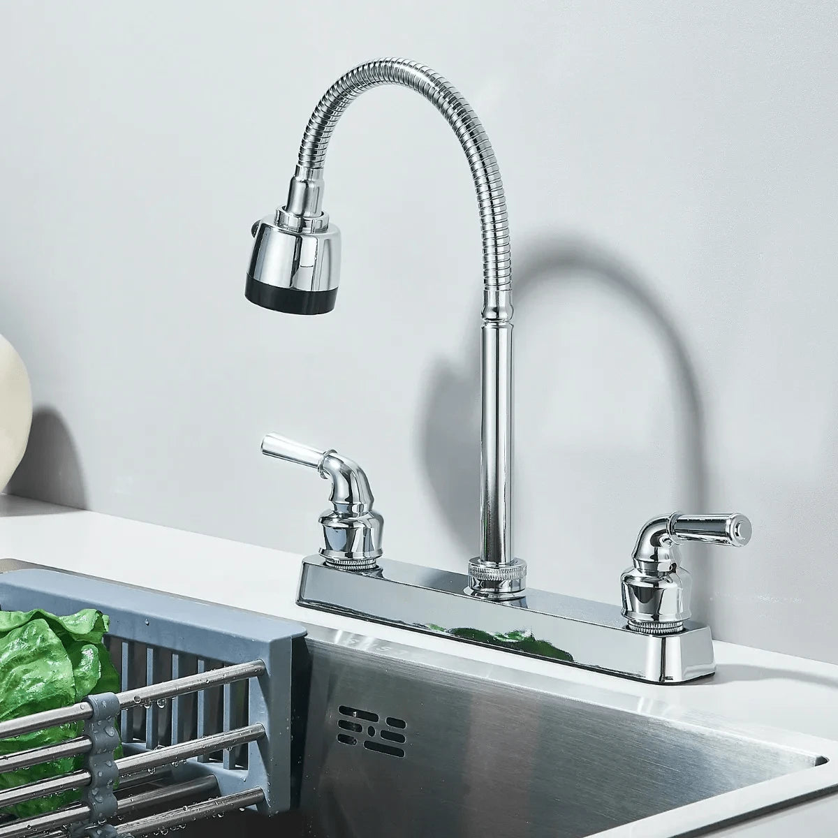 grifo de cocina de doble manija con caño flexible en forma de cuello de cisne