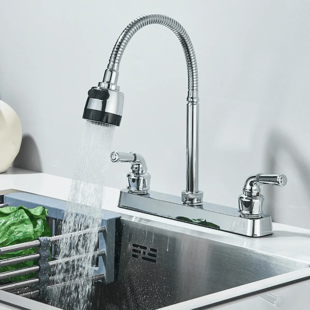 grifo de cocina de doble manija con caño flexible en forma de cuello de cisne