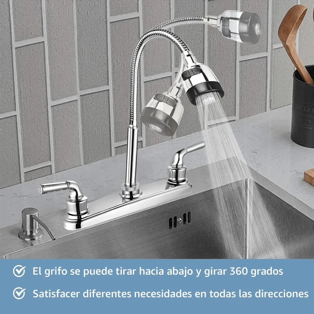 grifo de cocina de doble manija con caño flexible