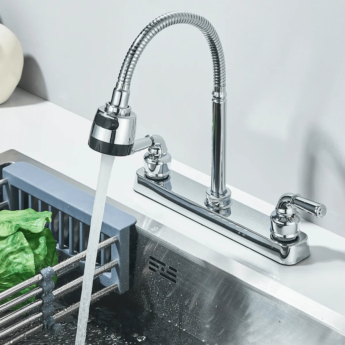 grifo de cocina de doble manija con caño flexible en forma de cuello de cisne