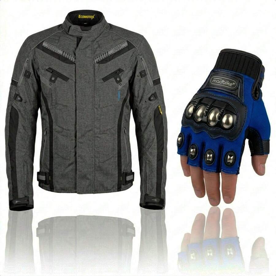 Kit Chamarra Gris + Guantes para Motocicleta