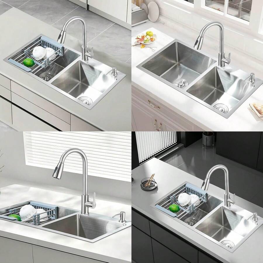 Fregadero De Doble Tanque Cocina Cepillado Nickel 80x45cm Plateado Níquel Cepillado Tarjas Para Cocina de Doble Tazón con Grifo Extraíble y Dispensador
