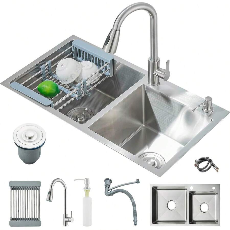 Fregadero De Doble Tanque Cocina Cepillado Nickel 80x45cm