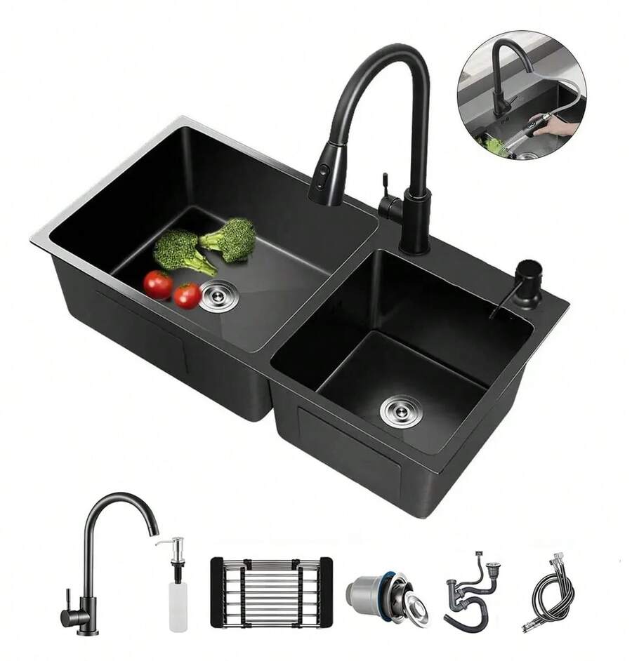 Fregadero De Doble Tanque Cocina Cepillado Nickel 80x45cm Plateado Níquel Cepillado Tarjas Para Cocina de Doble Tazón con Grifo Extraíble y Dispensador