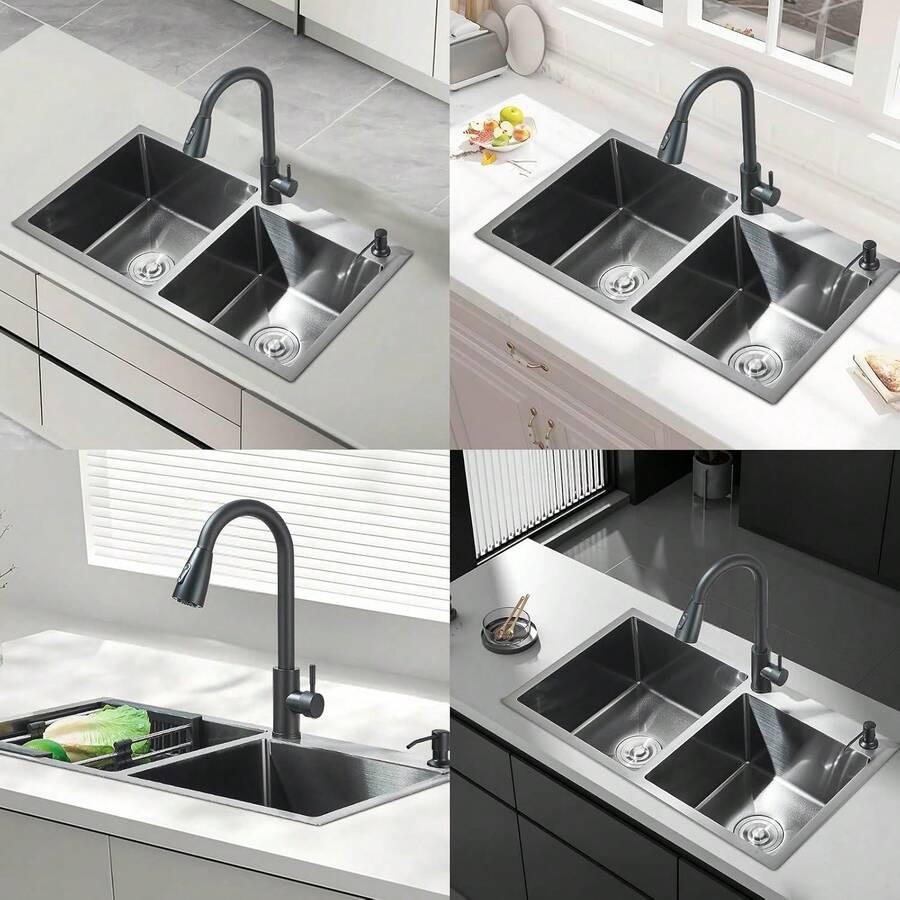 Fregadero De Doble Tanque Cocina Cepillado Nickel 80x45cm