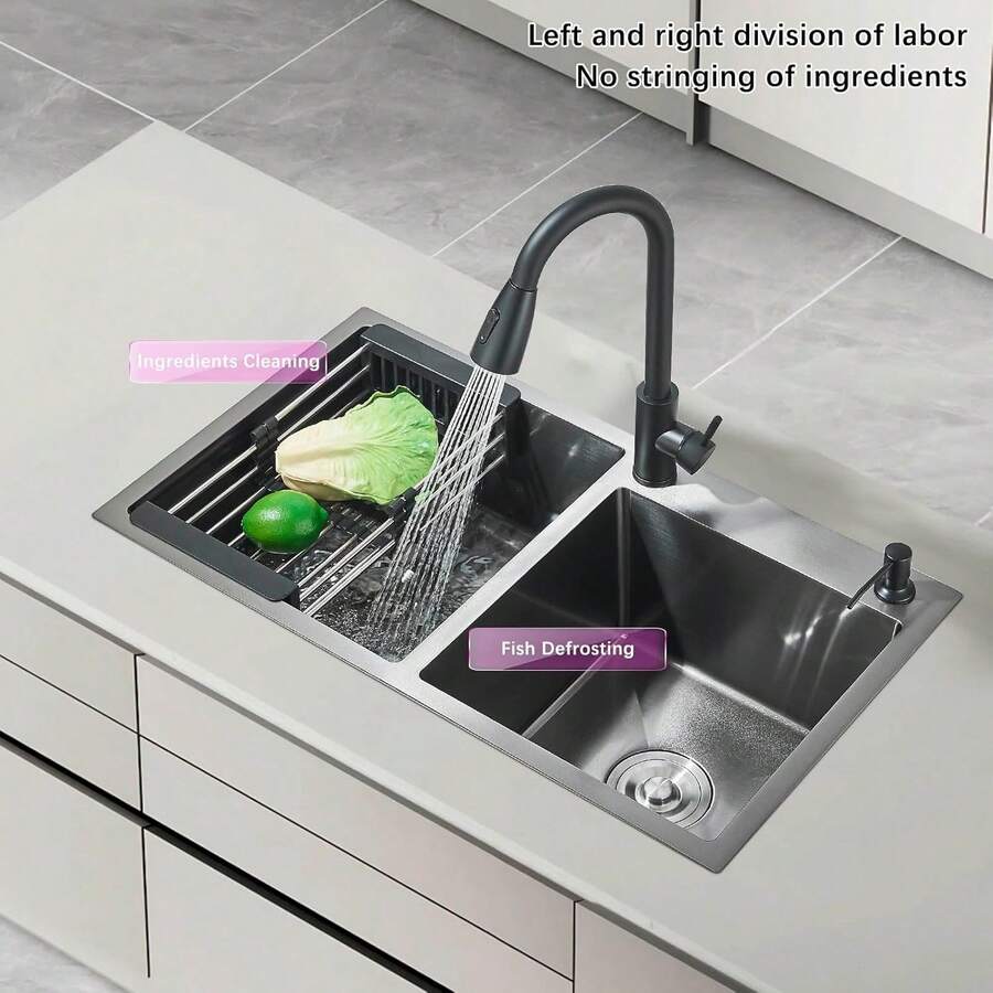 Fregadero De Doble Tanque Cocina Cepillado Nickel 80x45cm Plateado Níquel Cepillado Tarjas Para Cocina de Doble Tazón con Grifo Extraíble y Dispensador