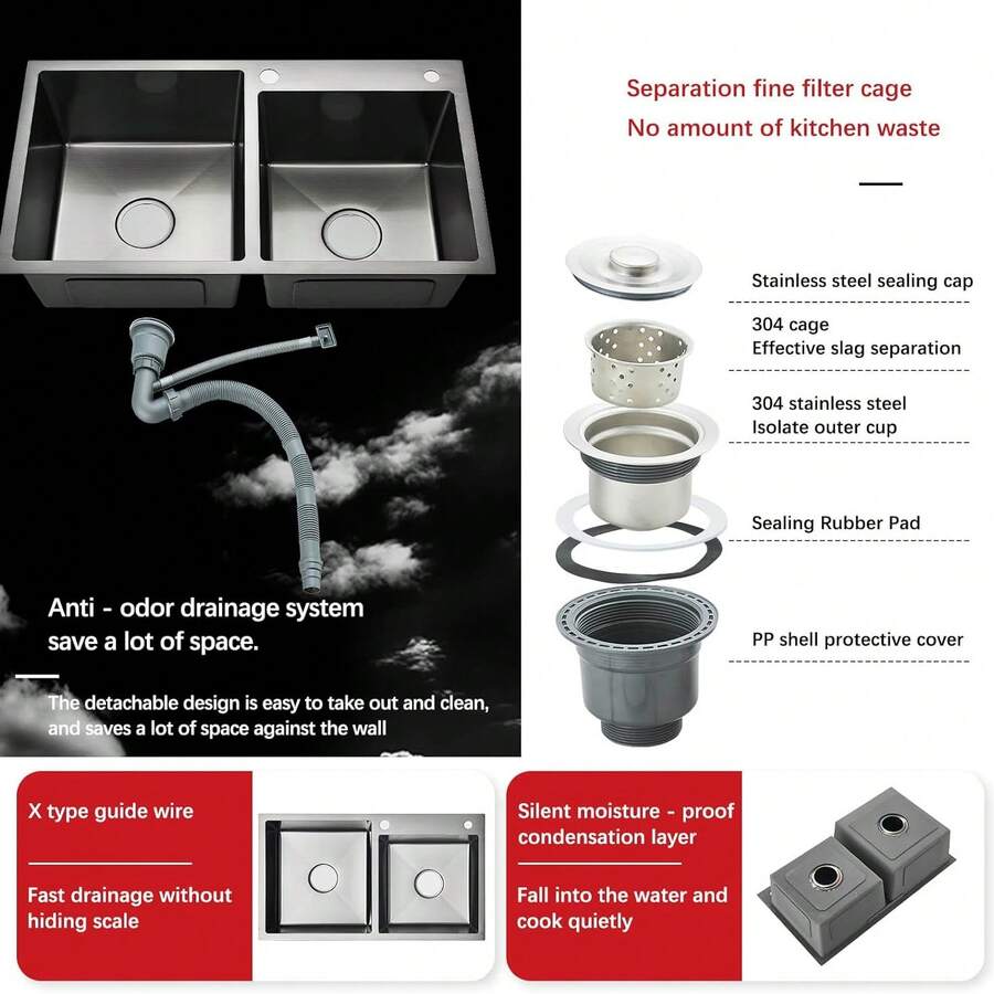 Fregadero De Doble Tanque Cocina Cepillado Nickel 80x45cm Plateado Níquel Cepillado Tarjas Para Cocina de Doble Tazón con Grifo Extraíble y Dispensador