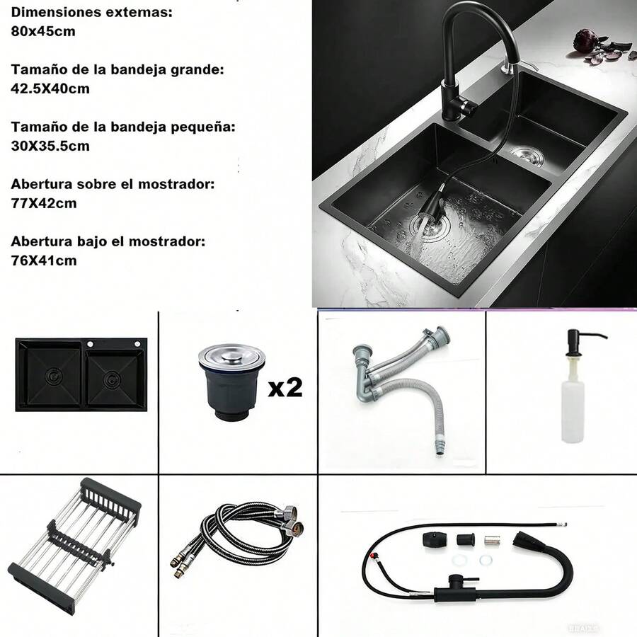 Fregadero De Doble Tanque Cocina Cepillado Nickel 80x45cm Plateado Níquel Cepillado Tarjas Para Cocina de Doble Tazón con Grifo Extraíble y Dispensador