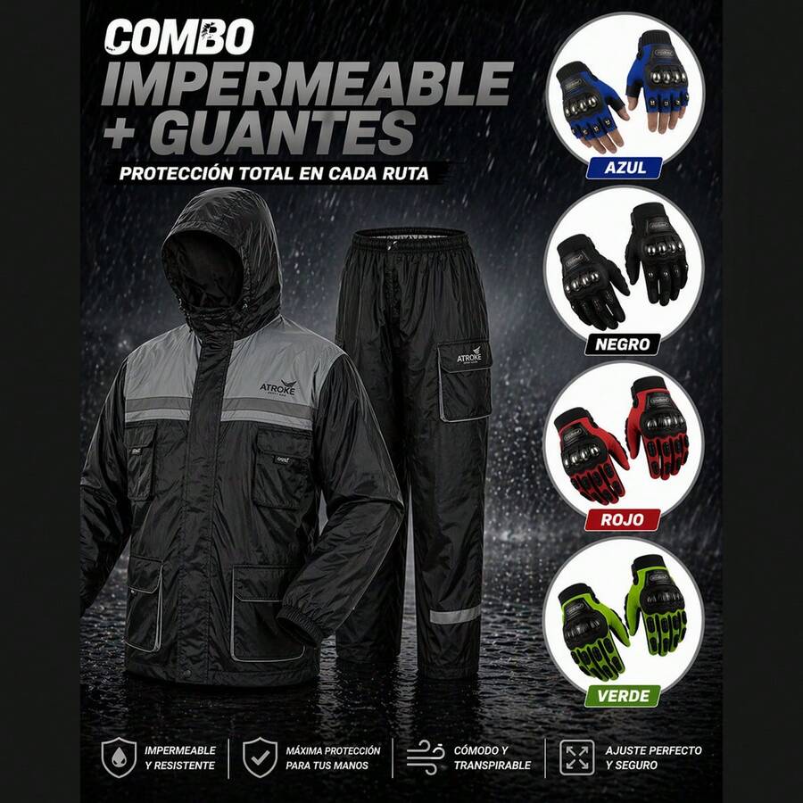 Kit Impermeable Gris + Guantes, Motocicleta