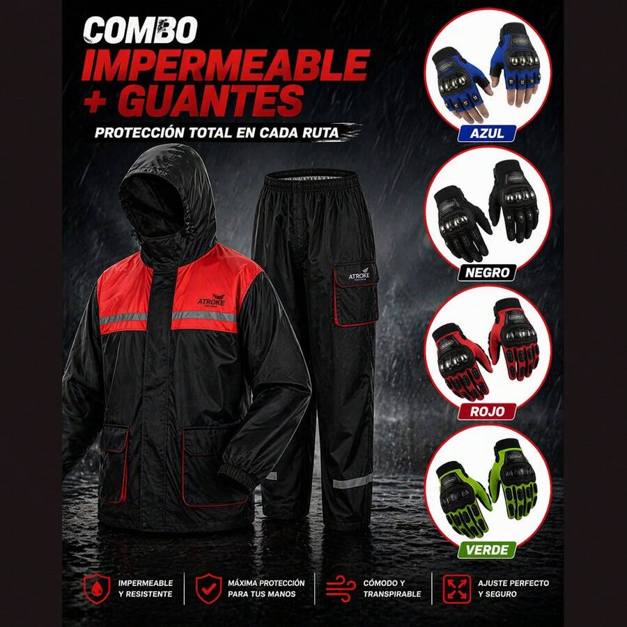Kit Impermeable Rojo + Guantes, Motocicleta