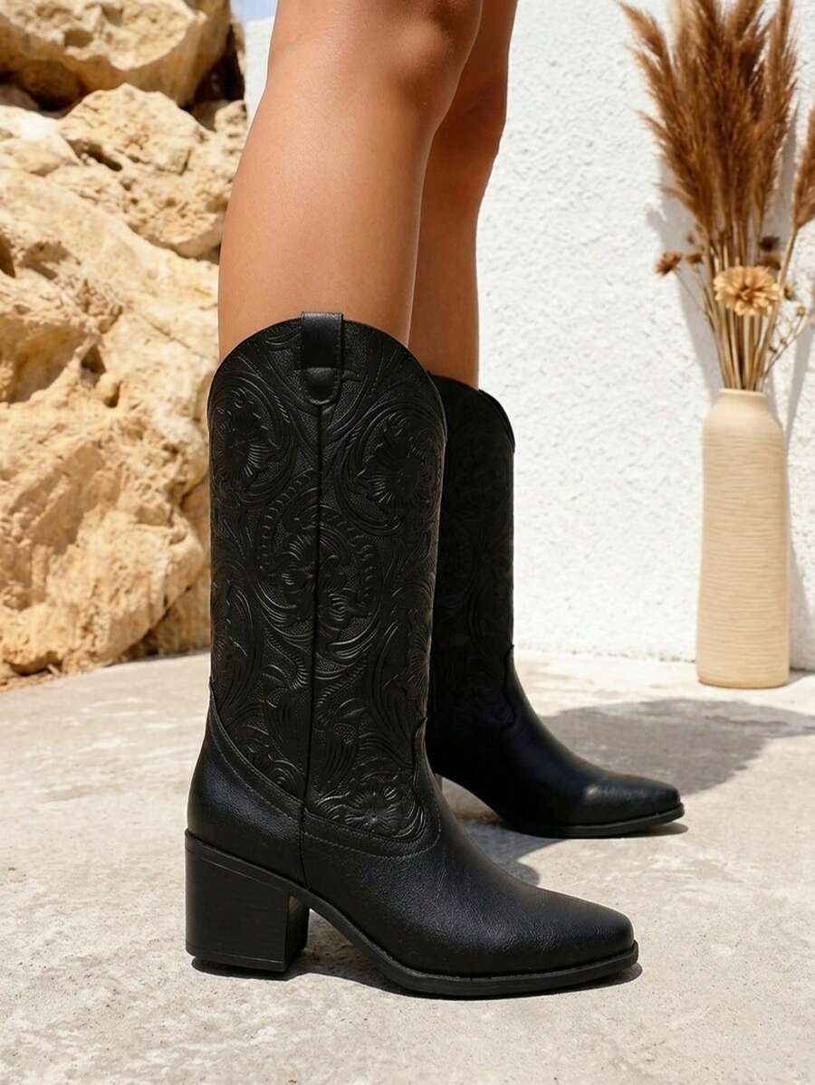 Bota western,grabado floral artesanal,punta redondeada