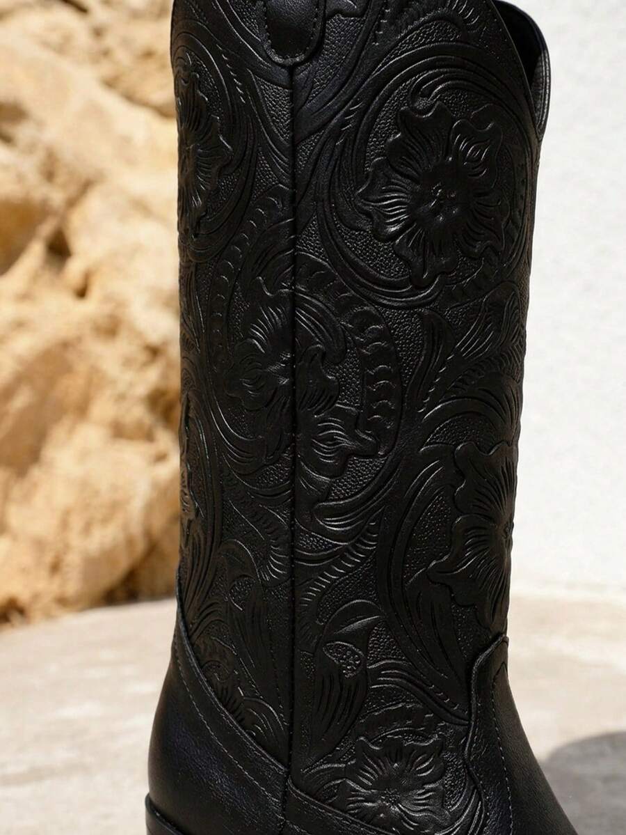 Bota western,grabado floral artesanal,punta redondeada