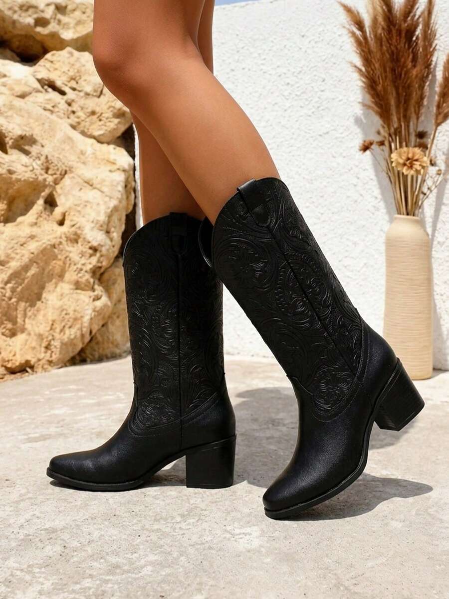 Bota western,grabado floral artesanal,punta redondeada