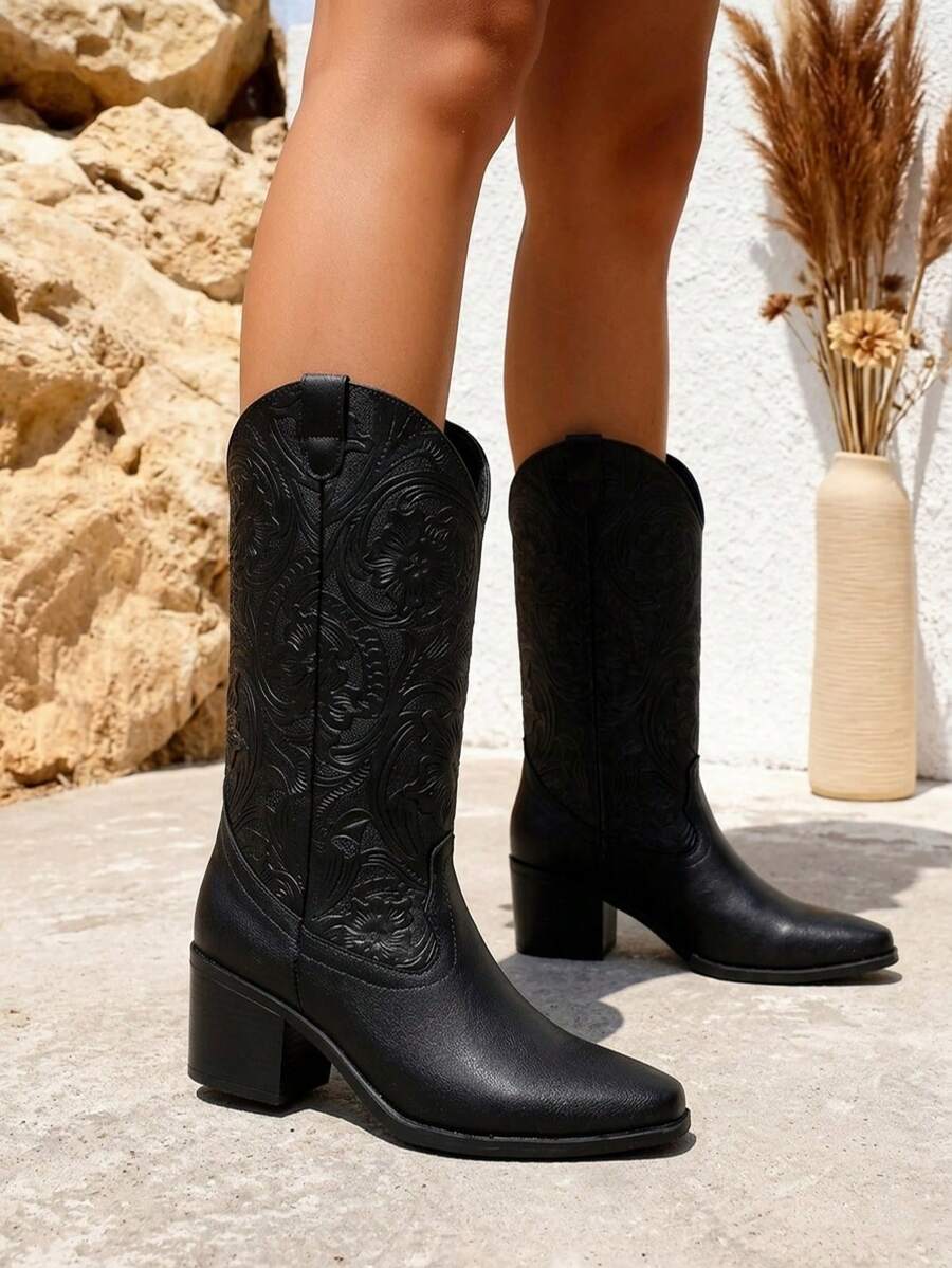 Bota western,grabado floral artesanal,punta redondeada