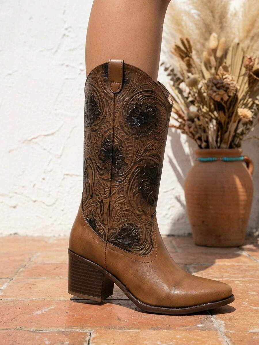 Bota western,grabado floral artesanal,punta redondeada