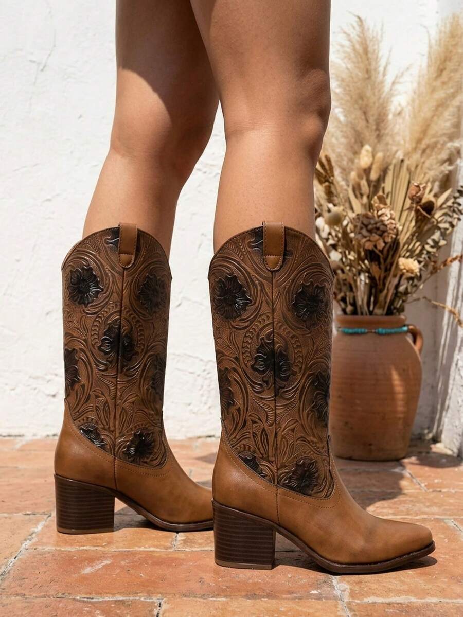 Bota western,grabado floral artesanal,punta redondeada
