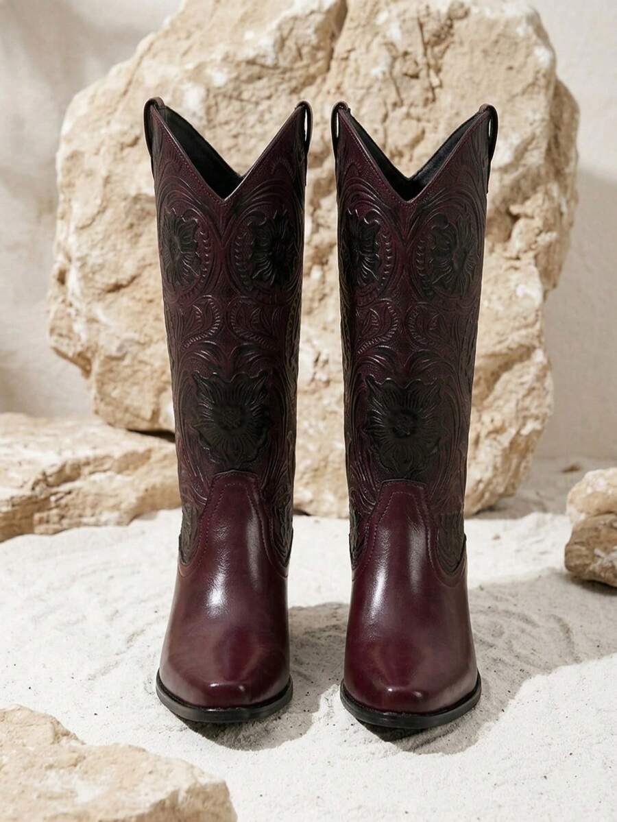 Bota western,grabado floral artesanal,punta redondeada