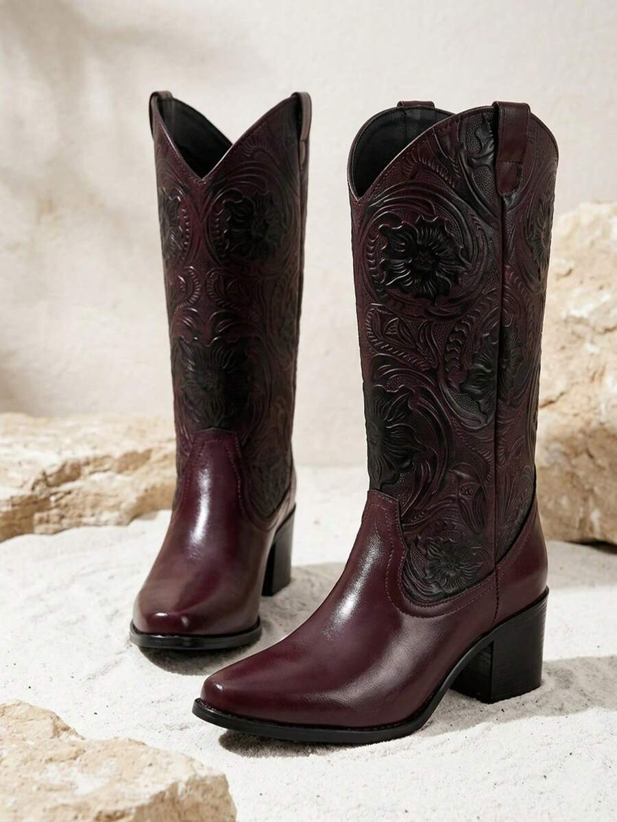 Bota western,grabado floral artesanal,punta redondeada