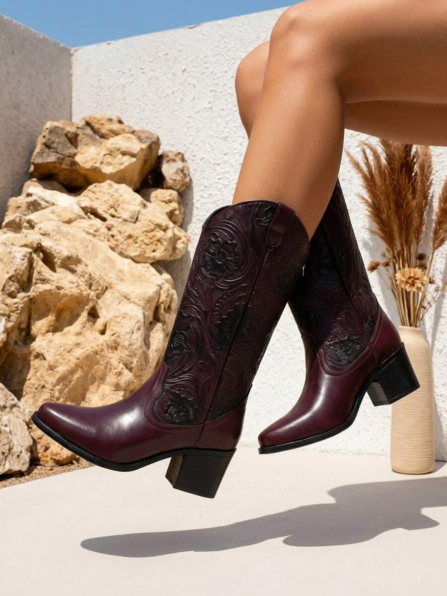 Bota western,grabado floral artesanal,punta redondeada