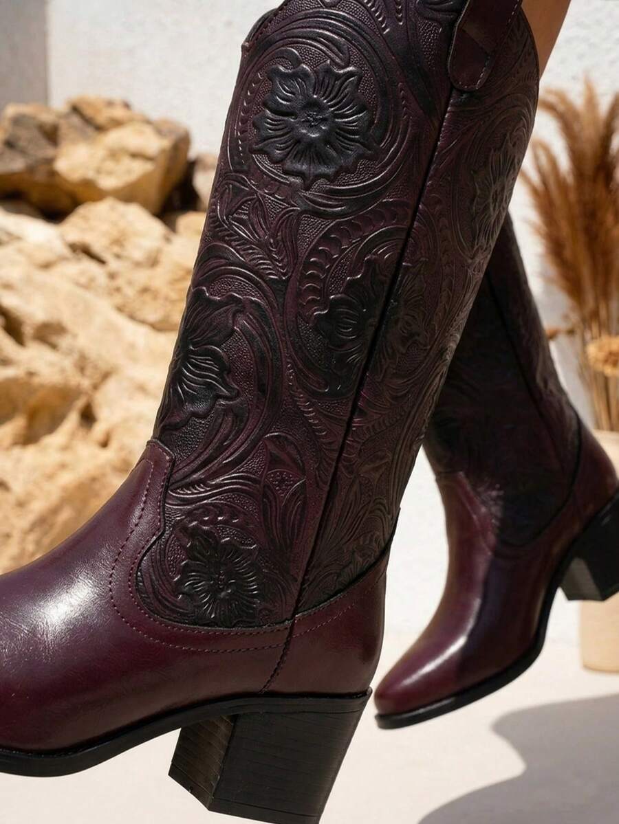 Bota western,grabado floral artesanal,punta redondeada