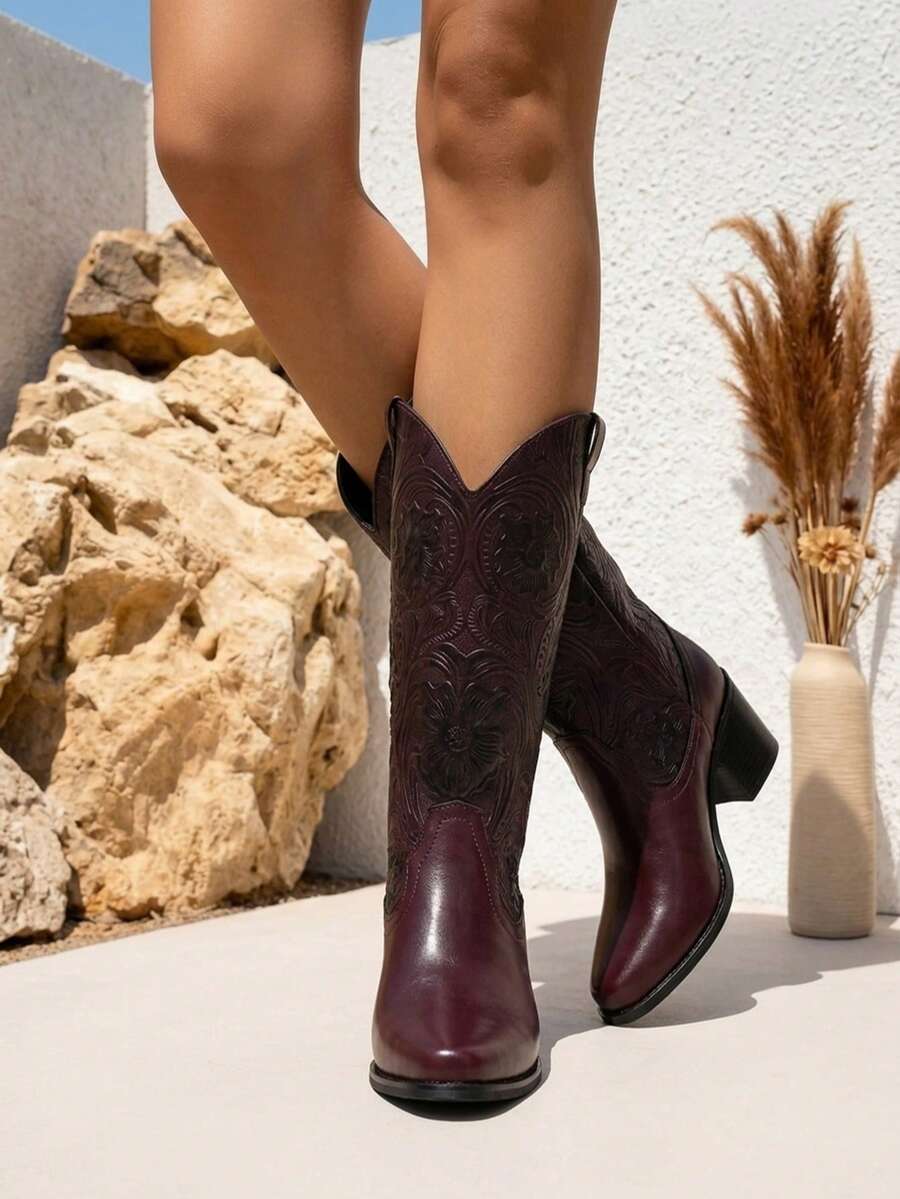 Bota western,grabado floral artesanal,punta redondeada