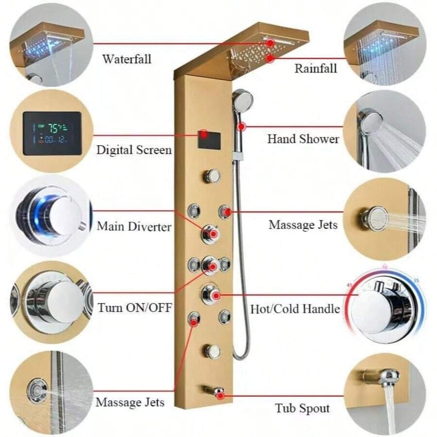 Lujo Paneles de Ducha Regadera Para Baño Kit LED 6 Funciones