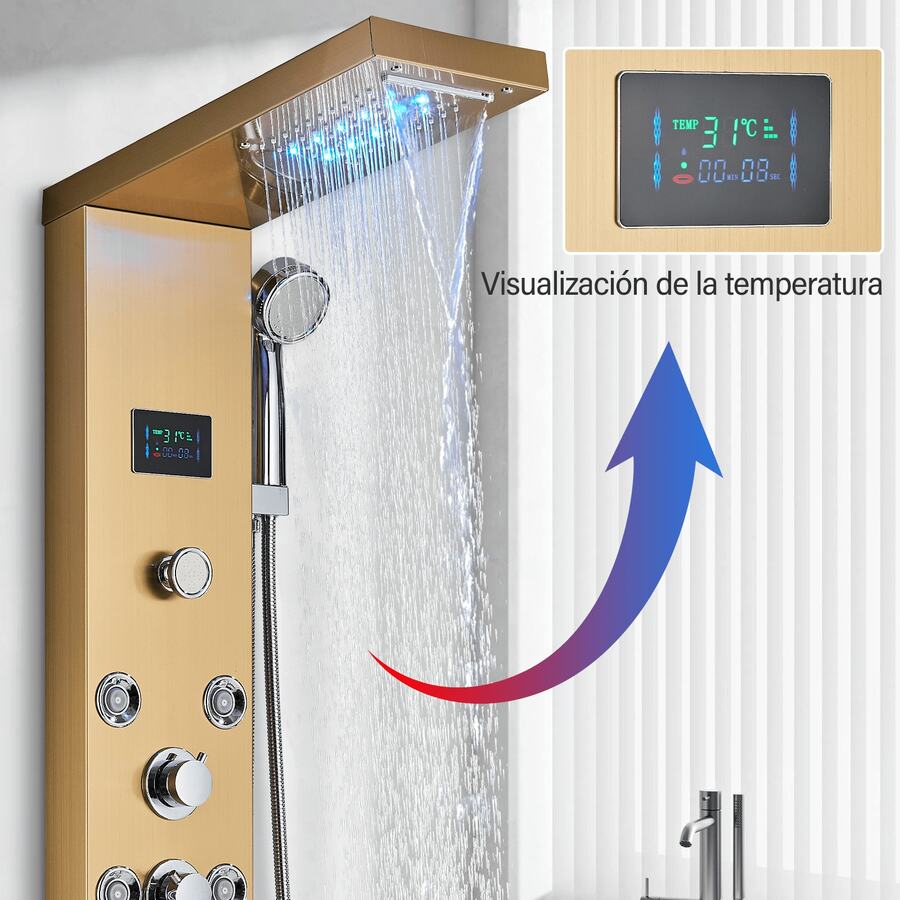 Lujo Paneles de Ducha Regadera Para Baño Kit LED 6 Funciones