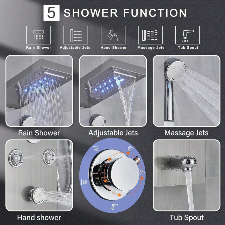 Lujo Paneles de Ducha Regadera Para Baño Kit LED 6 Funciones