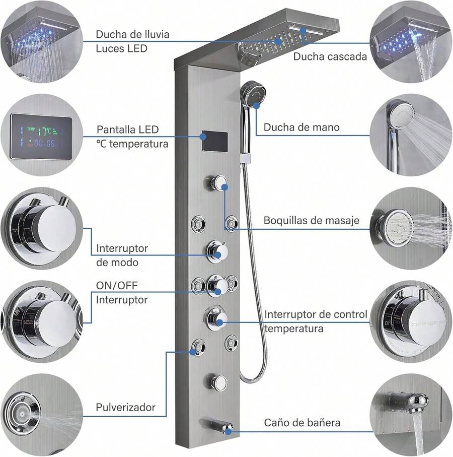Lujo Paneles de Ducha Regadera Para Baño Kit LED 6 Funciones