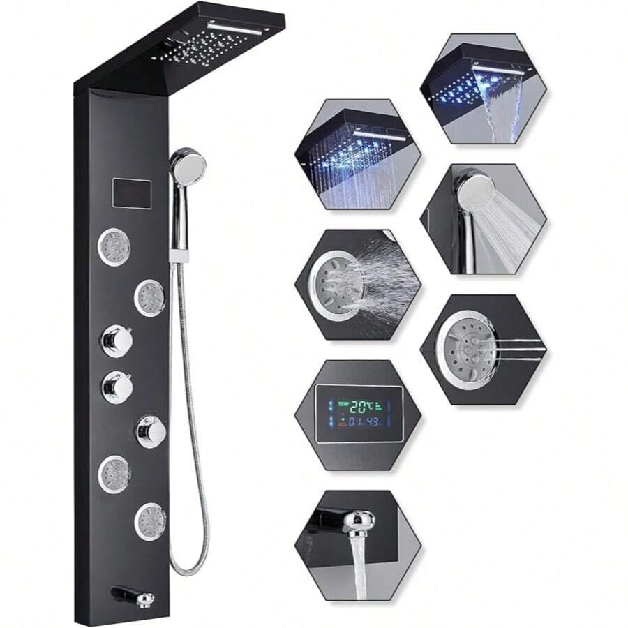 Mcmxtap Panel de Ducha LED Sistema de Torre Lluvia Cascada Masaje