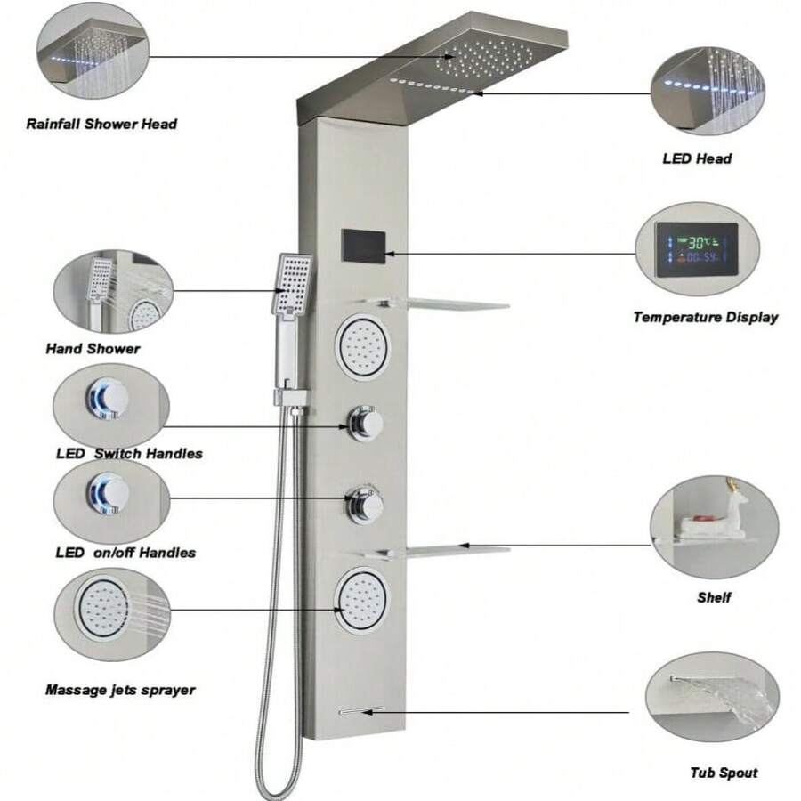 Mcmxtap Panel de Ducha LED Sistema de Torre Lluvia Cascada Masaje