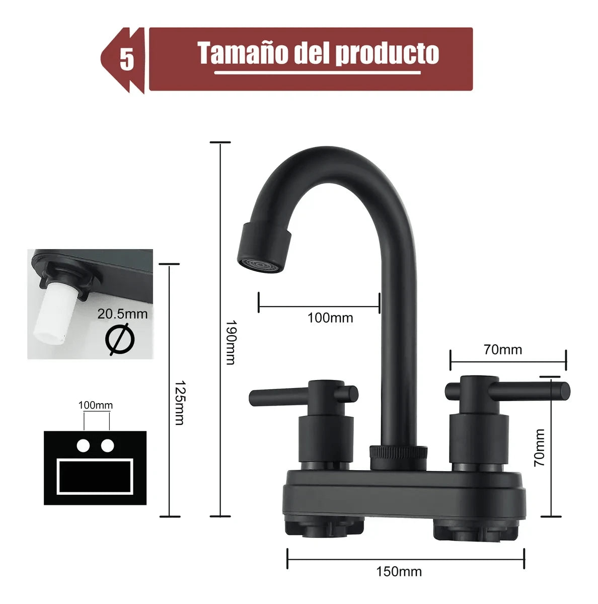 Grifos de baño, Grifo Negro para Lavabo de 2 Orificios