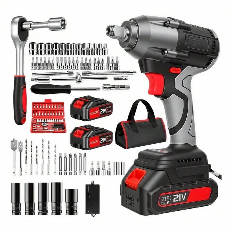 Llave de Impacto 21V con 520Nm + Kit Completo de Accesorios